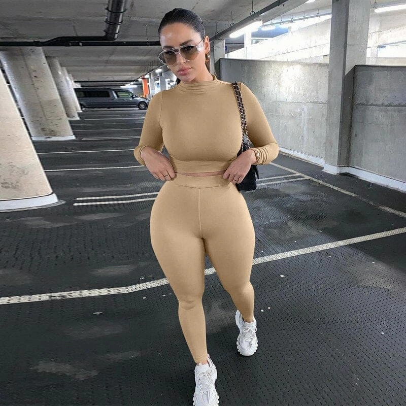2 Piece Sets Sport Suit Celebrity Women  Long Sleeve Crop Tops High Waist Leggings Pants Workout Seamless Clothes Tracksuit