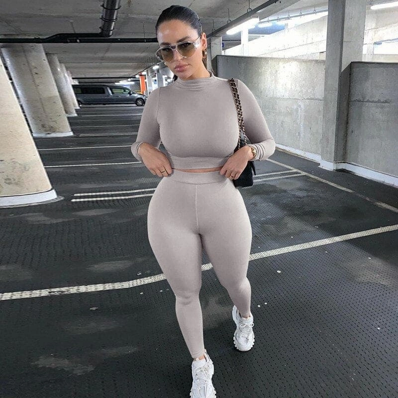 2 Piece Sets Sport Suit Celebrity Women  Long Sleeve Crop Tops High Waist Leggings Pants Workout Seamless Clothes Tracksuit