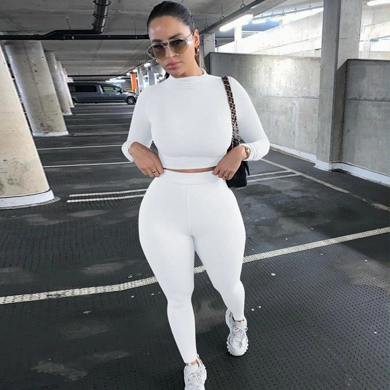 2 Piece Sets Sport Suit Celebrity Women  Long Sleeve Crop Tops High Waist Leggings Pants Workout Seamless Clothes Tracksuit