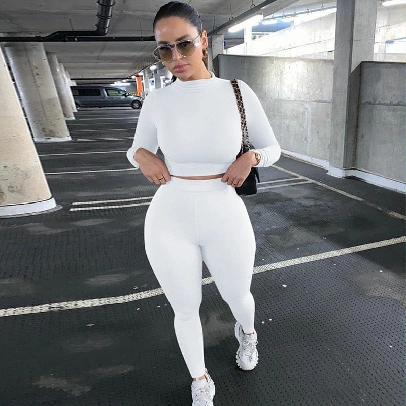 2 Piece Sets Sport Suit Celebrity Women  Long Sleeve Crop Tops High Waist Leggings Pants Workout Seamless Clothes Tracksuit