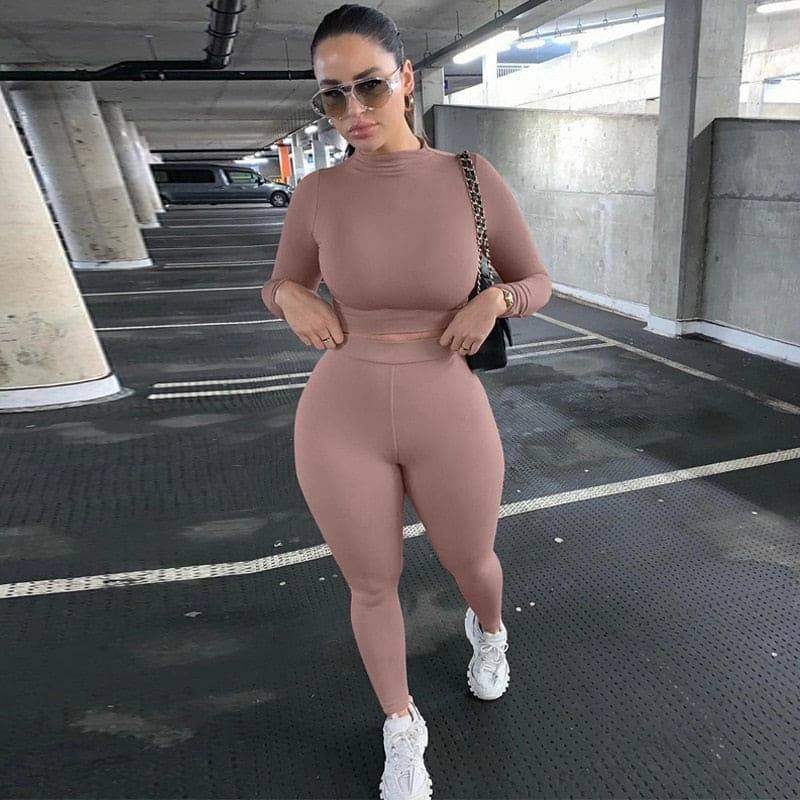 2 Piece Sets Sport Suit Celebrity Women  Long Sleeve Crop Tops High Waist Leggings Pants Workout Seamless Clothes Tracksuit