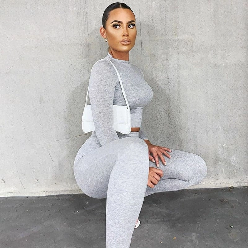 2 Piece Sets Sport Suit Celebrity Women  Long Sleeve Crop Tops High Waist Leggings Pants Workout Seamless Clothes Tracksuit