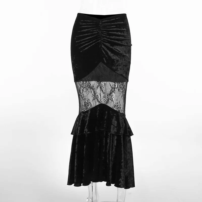 Black Fairy Grunge Gothic Velvet Lace Stitching Fishtail Skirt