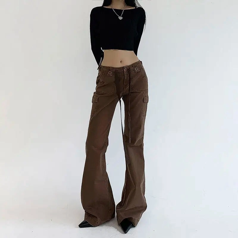 Button Ribbon Low Rise Streetwear Y2K Aesthetic Vintage Brown Jean