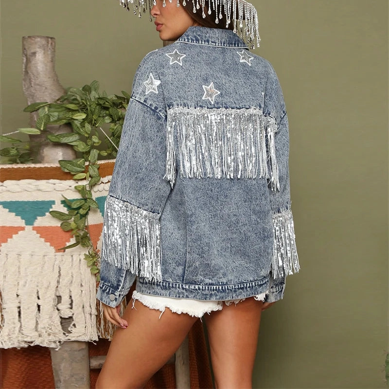 Casual Denim Streetwear Vintage Fringe Loose Korean Long Sleeve Women Coats