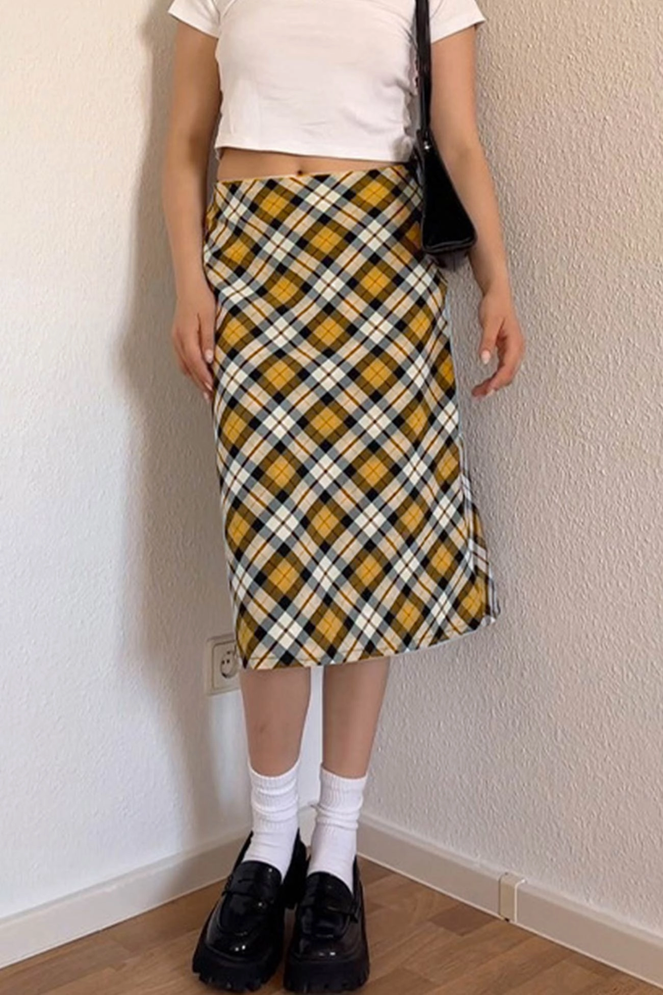 Contrast Plaid High waist Midi Skirt