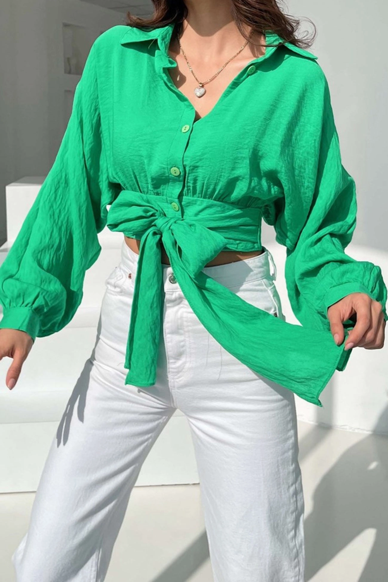 Dolman Sleeve Tie-up Cropped Blouse