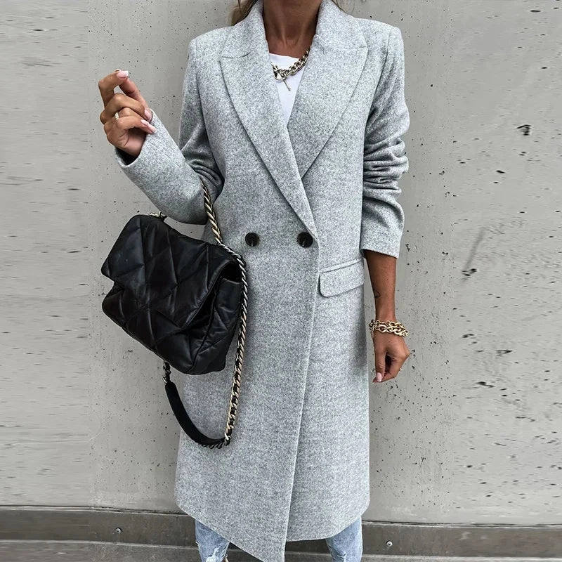 Elegant Long Overcoat Autumn Winter Turn-Down Collar Woolen Office Lady Coats