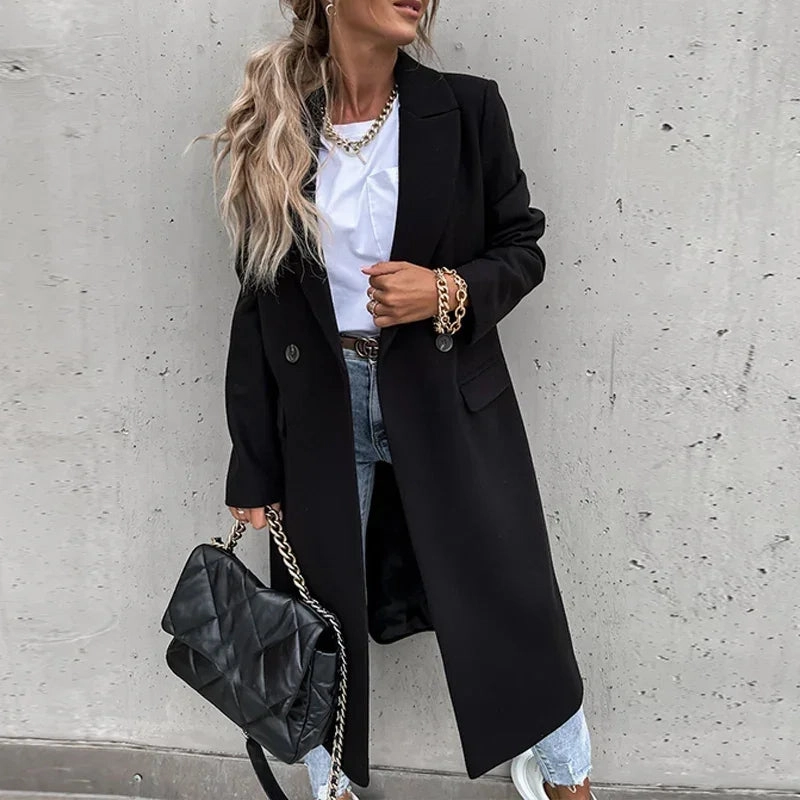 Elegant Long Overcoat Autumn Winter Turn-Down Collar Woolen Office Lady Coats