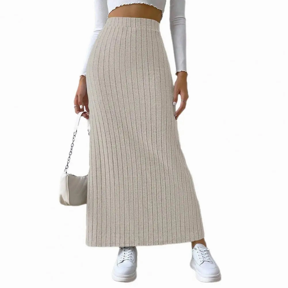 Elegant Maxi Ribbed High Waist Side Slit Slim Skirt