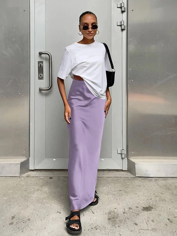 Fashion Elegant Satin Solid Black High Waist Long Skirt