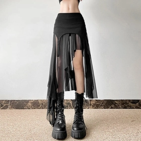 Goth Streetwear Fashion Club Alt Irregular Mesh Harajuku Hem Patchwork Cyber Mid Y2K Skirt