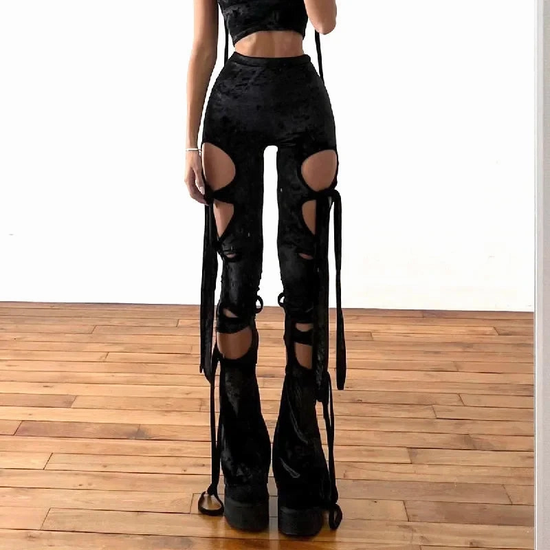 Gothic Black Velvet High Waist Hollow Out Pant