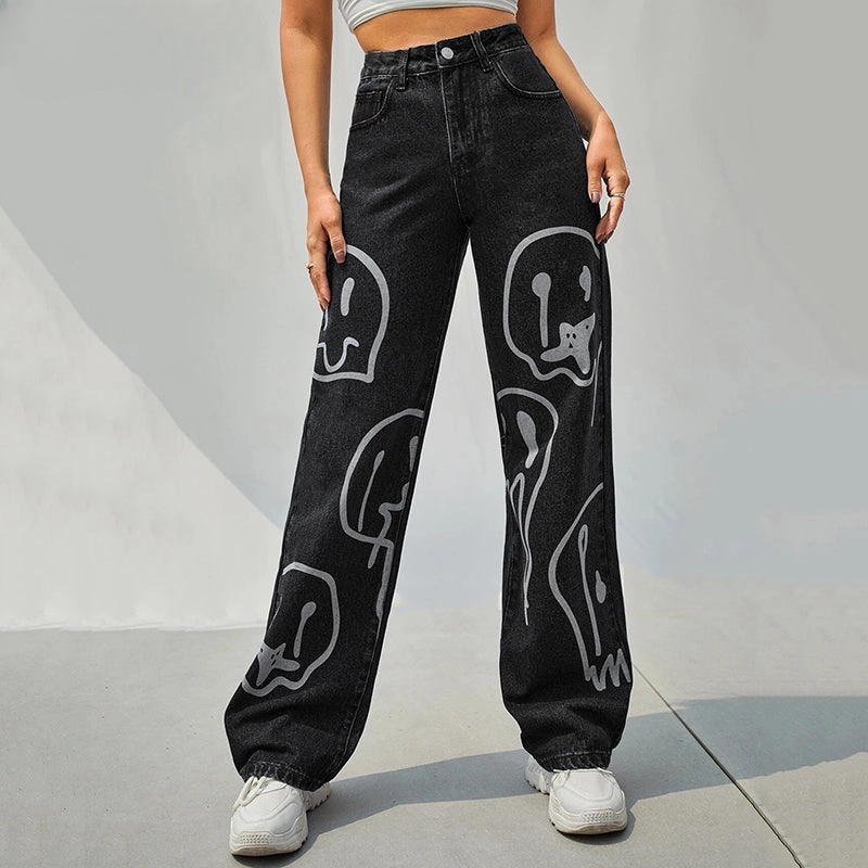 Gothic Ghost Cartoon Face Vintage Wash Baggy Pant