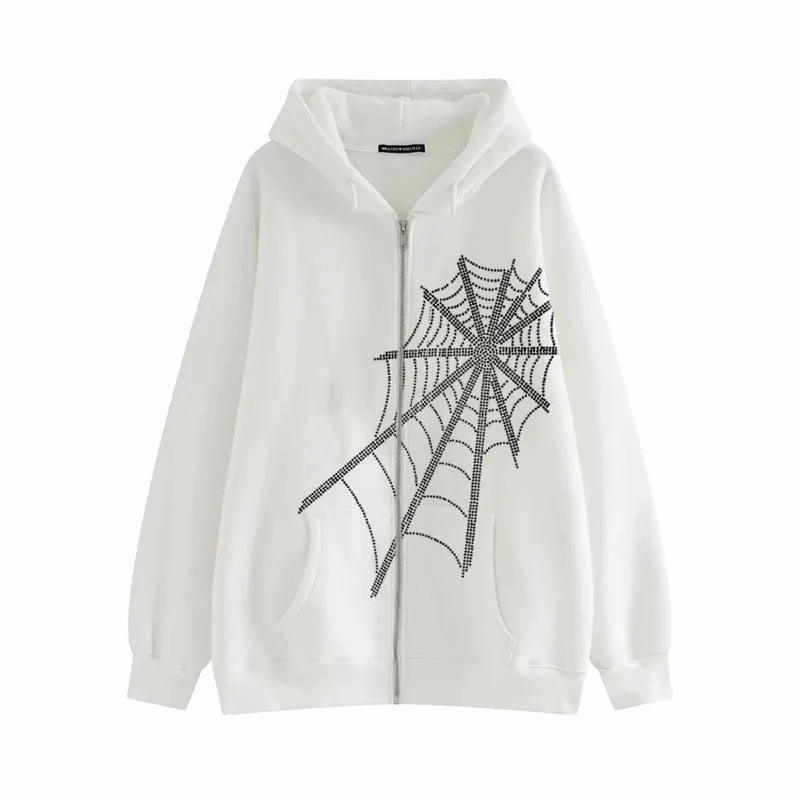Gothic Punk Spider Web Dark Grunge Zipper Hoodie