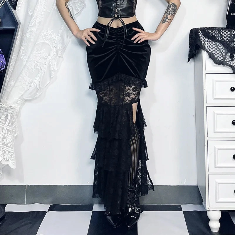 Gothic Velvet Fishtail Multi-Layer Splicing High Waist Lace Skirt
