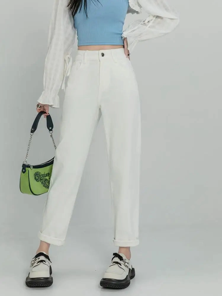 High Waist Elastic Vintage Casual Autumn Winter Brown Jean