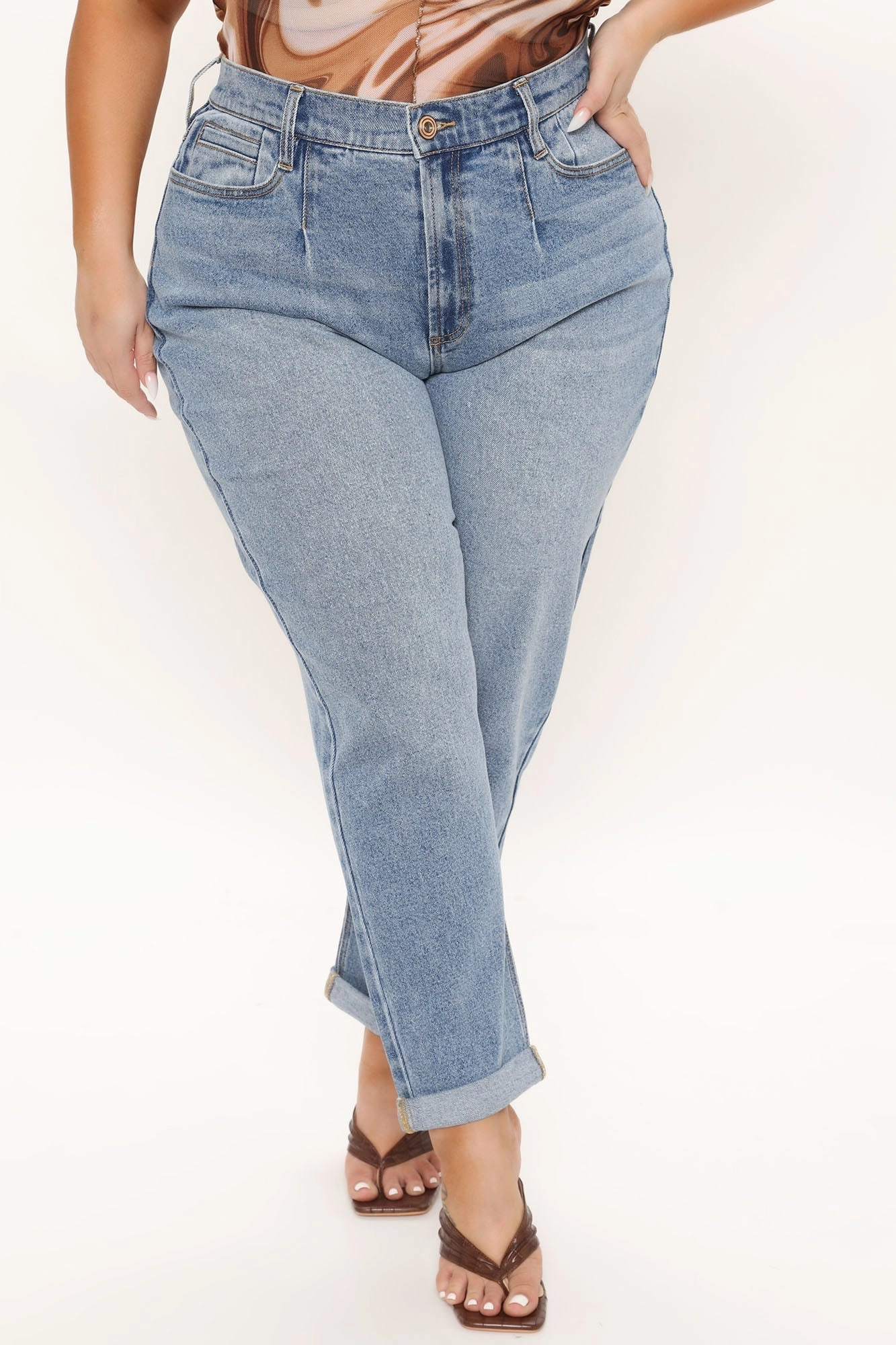 KittenAlarm - Albany Tapered Curvy Roll Cuff Balloon Jeans - Medium Blue Wash