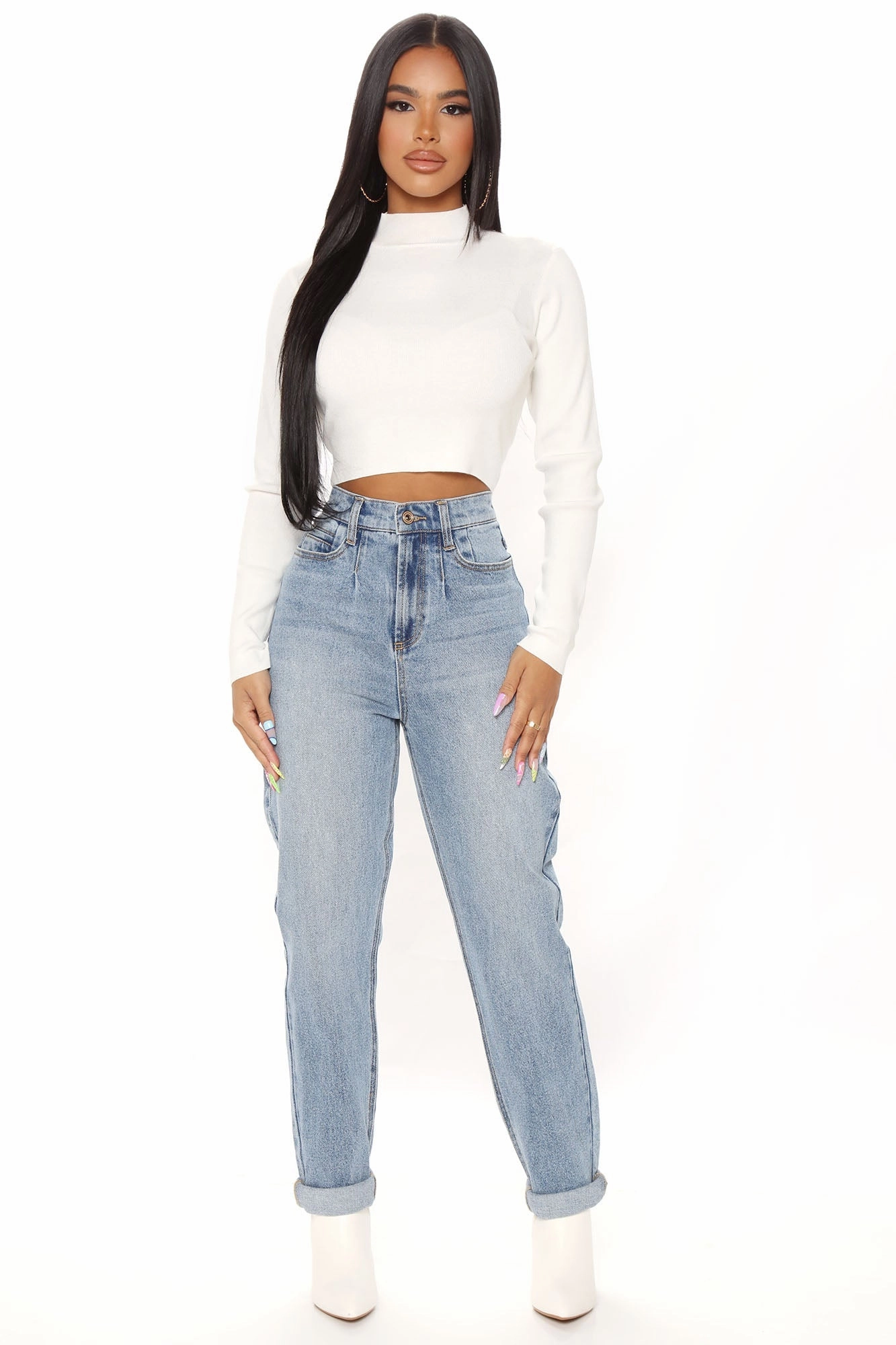 KittenAlarm - Albany Tapered Curvy Roll Cuff Balloon Jeans - Medium Blue Wash