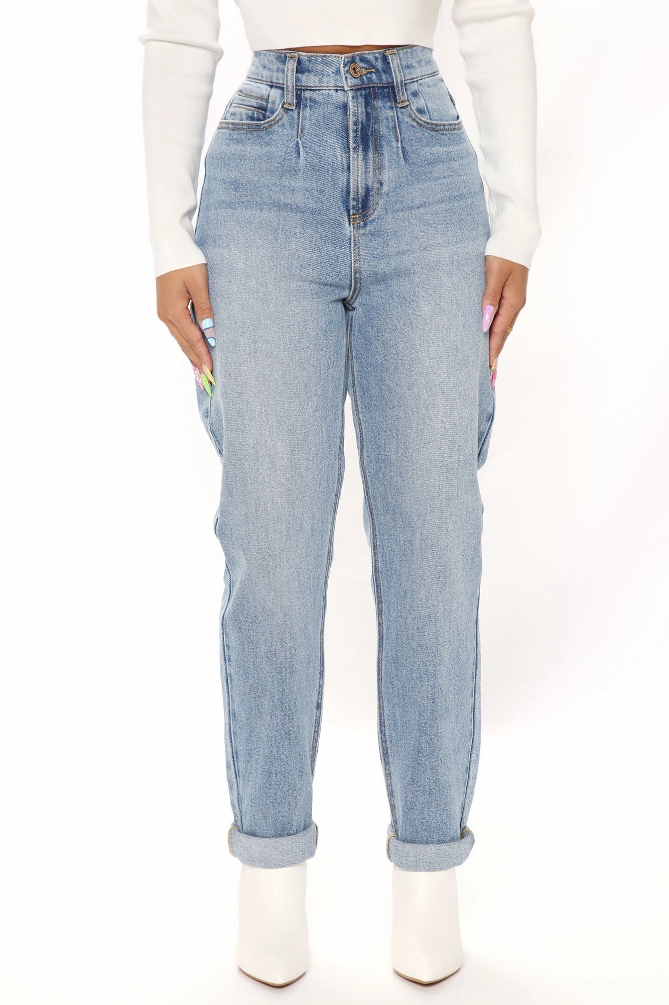 KittenAlarm - Albany Tapered Curvy Roll Cuff Balloon Jeans - Medium Blue Wash