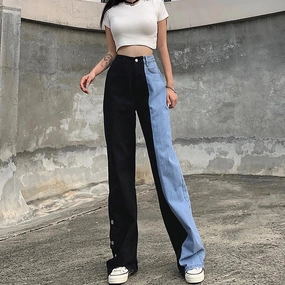 KittenAlarm - Alia High Waist Two-tone Patchwork Denim Jeans