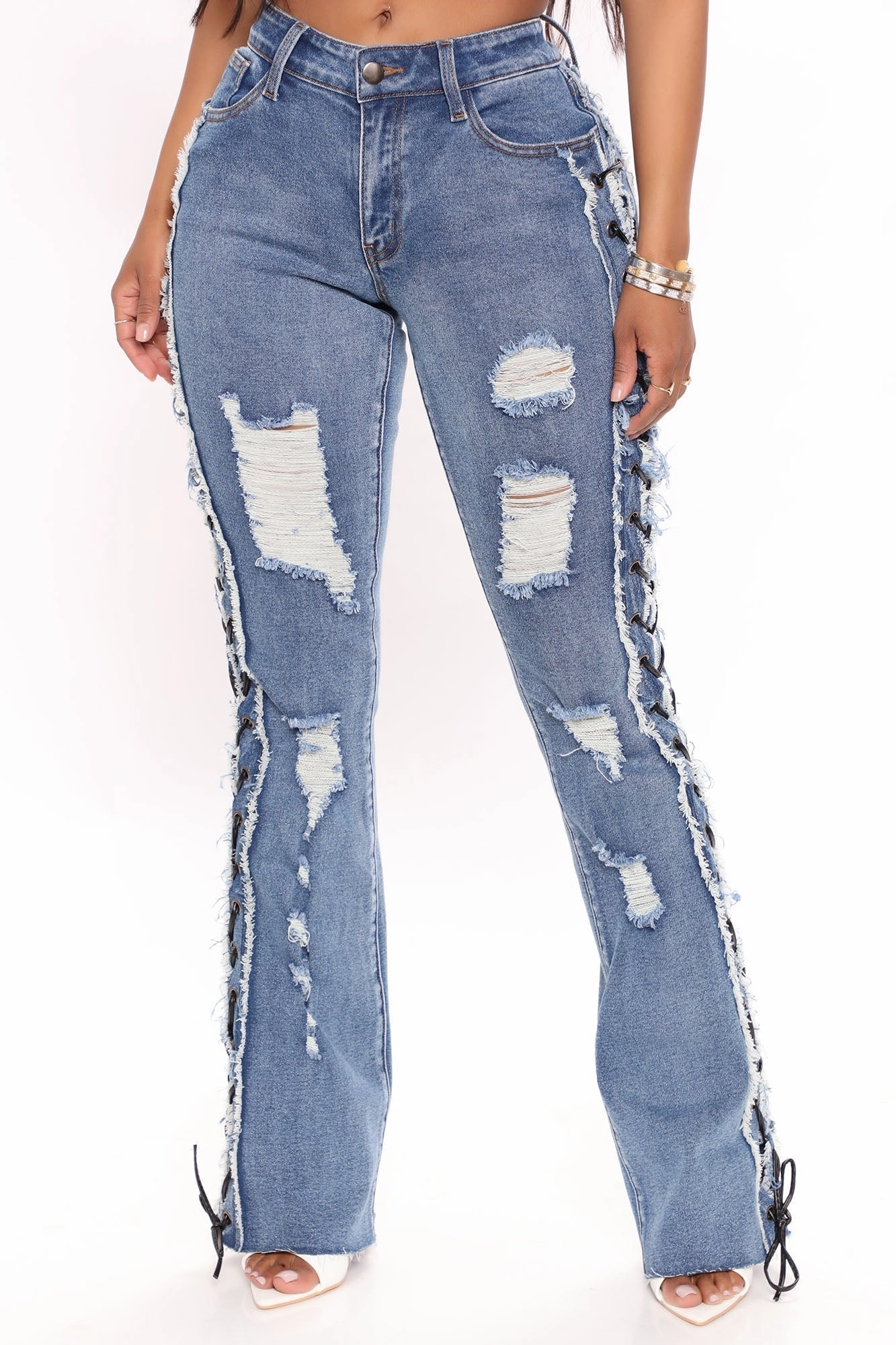 KittenAlarm - All Laced Up Mid Rise Bootcut Jeans - Medium Blue Wash