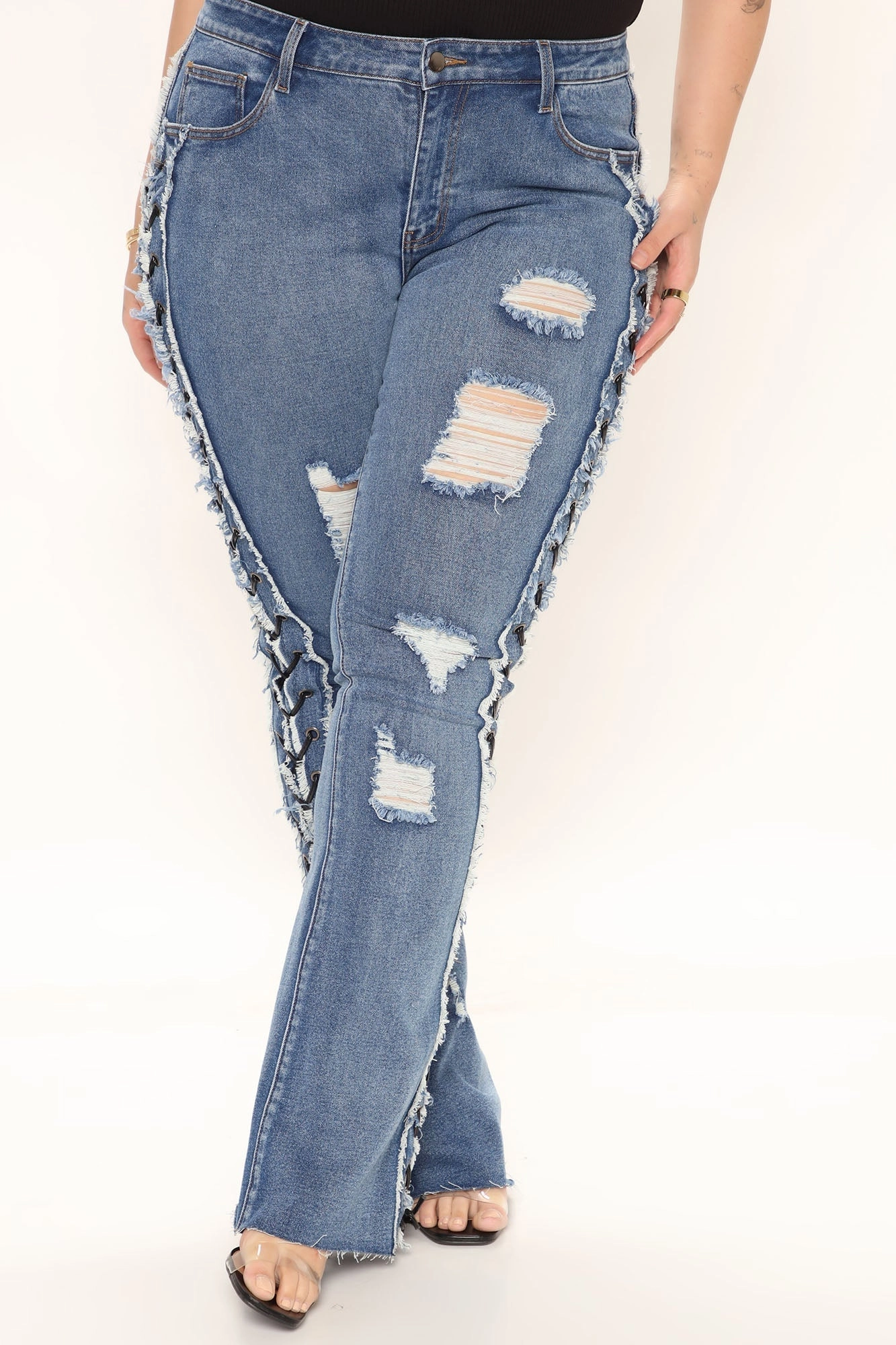 KittenAlarm - All Laced Up Mid Rise Bootcut Jeans - Medium Blue Wash
