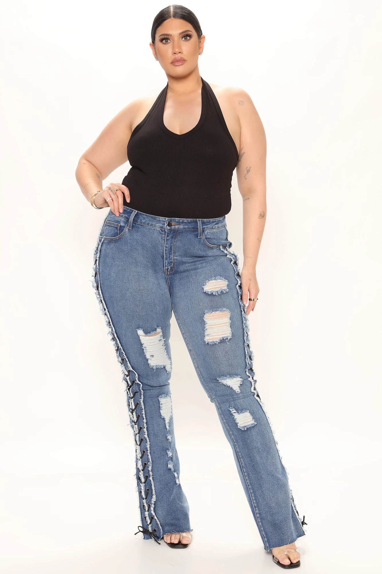 KittenAlarm - All Laced Up Mid Rise Bootcut Jeans - Medium Blue Wash