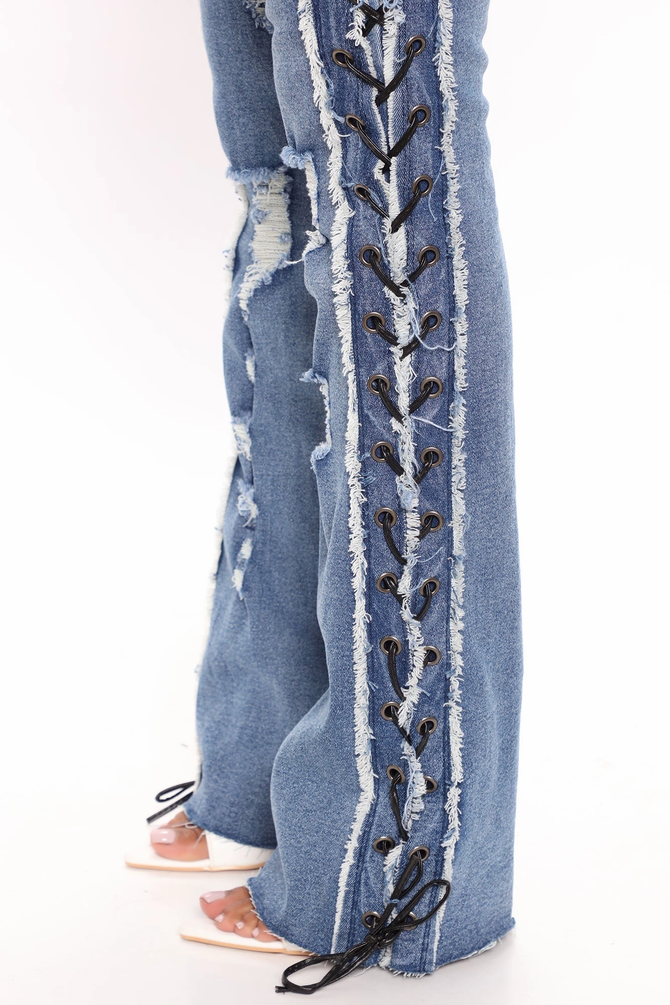KittenAlarm - All Laced Up Mid Rise Bootcut Jeans - Medium Blue Wash