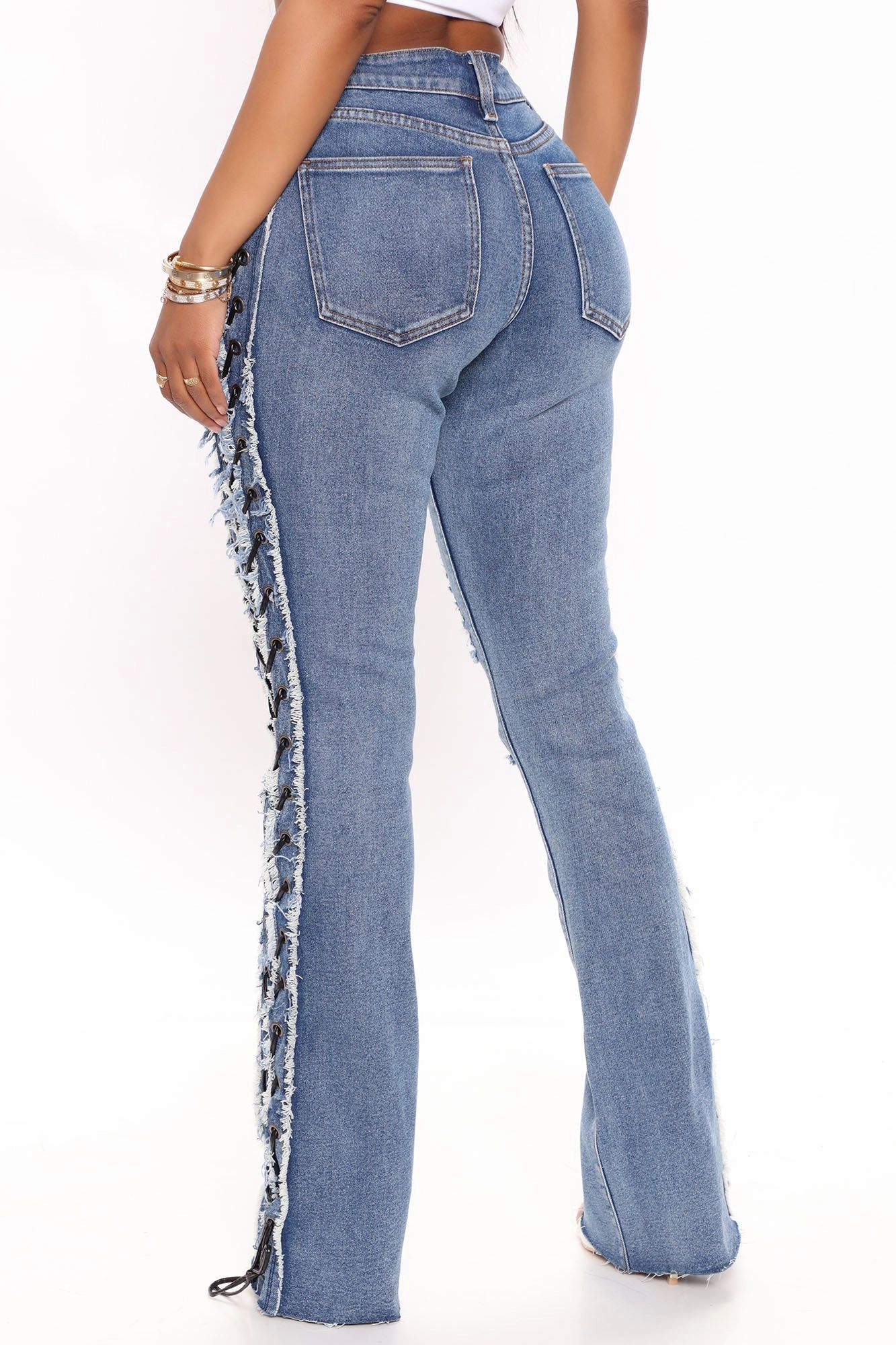 KittenAlarm - All Laced Up Mid Rise Bootcut Jeans - Medium Blue Wash