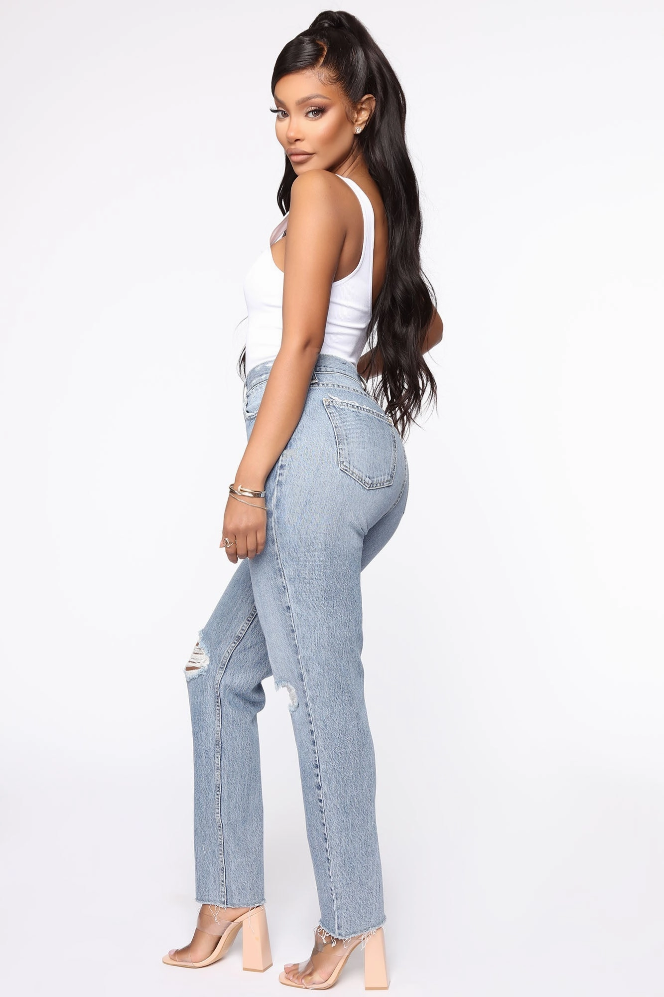 KittenAlarm - All Split Up High Rise Mom Jeans - Medium Wash