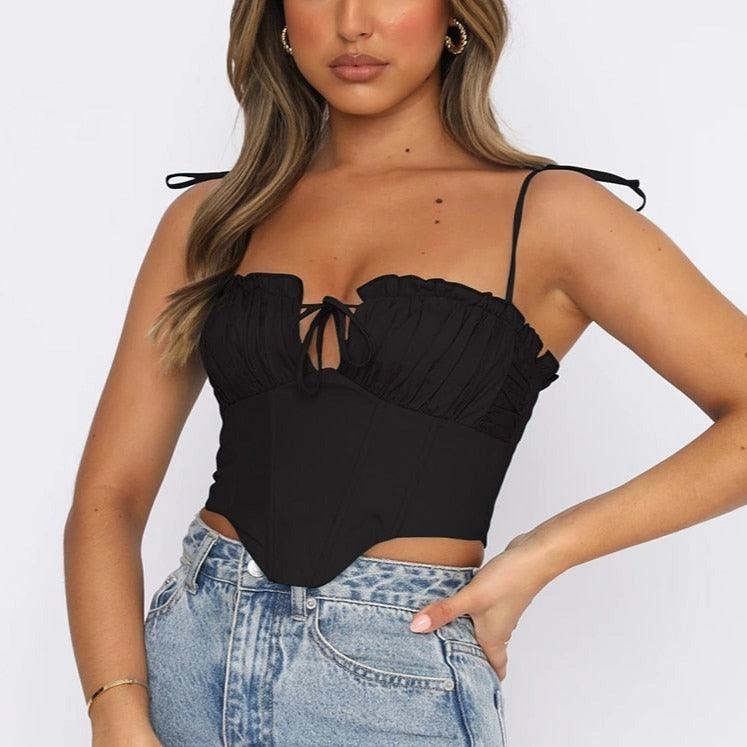 KittenAlarm - Betty Spaghetti Strap Pleated Cropped Corset Top