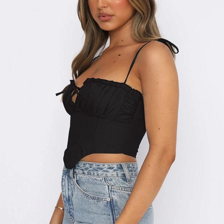 KittenAlarm - Betty Spaghetti Strap Pleated Cropped Corset Top