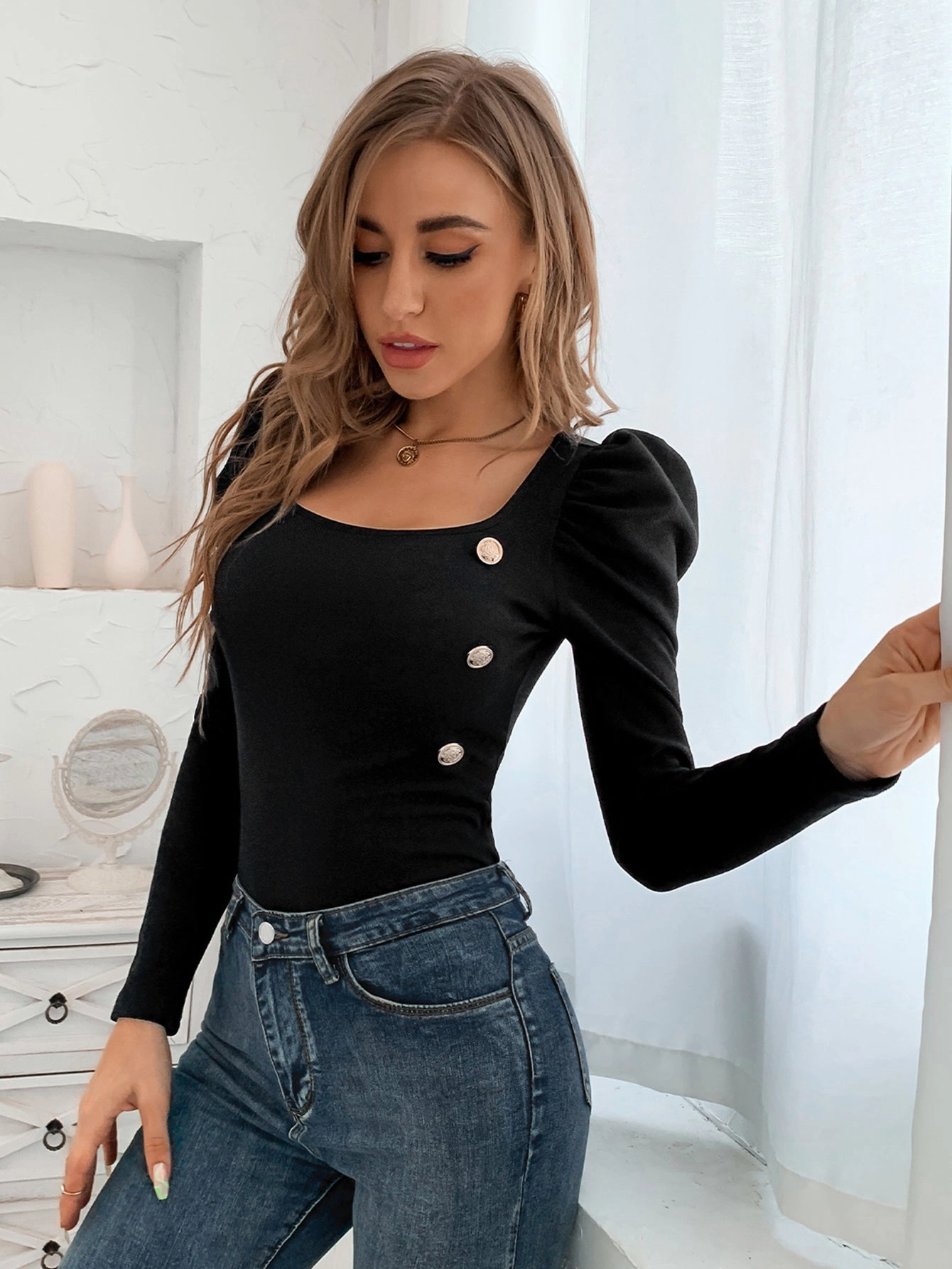 KittenAlarm - Black Square Neck Button Detail Leg-of-mutton Sleeve Top