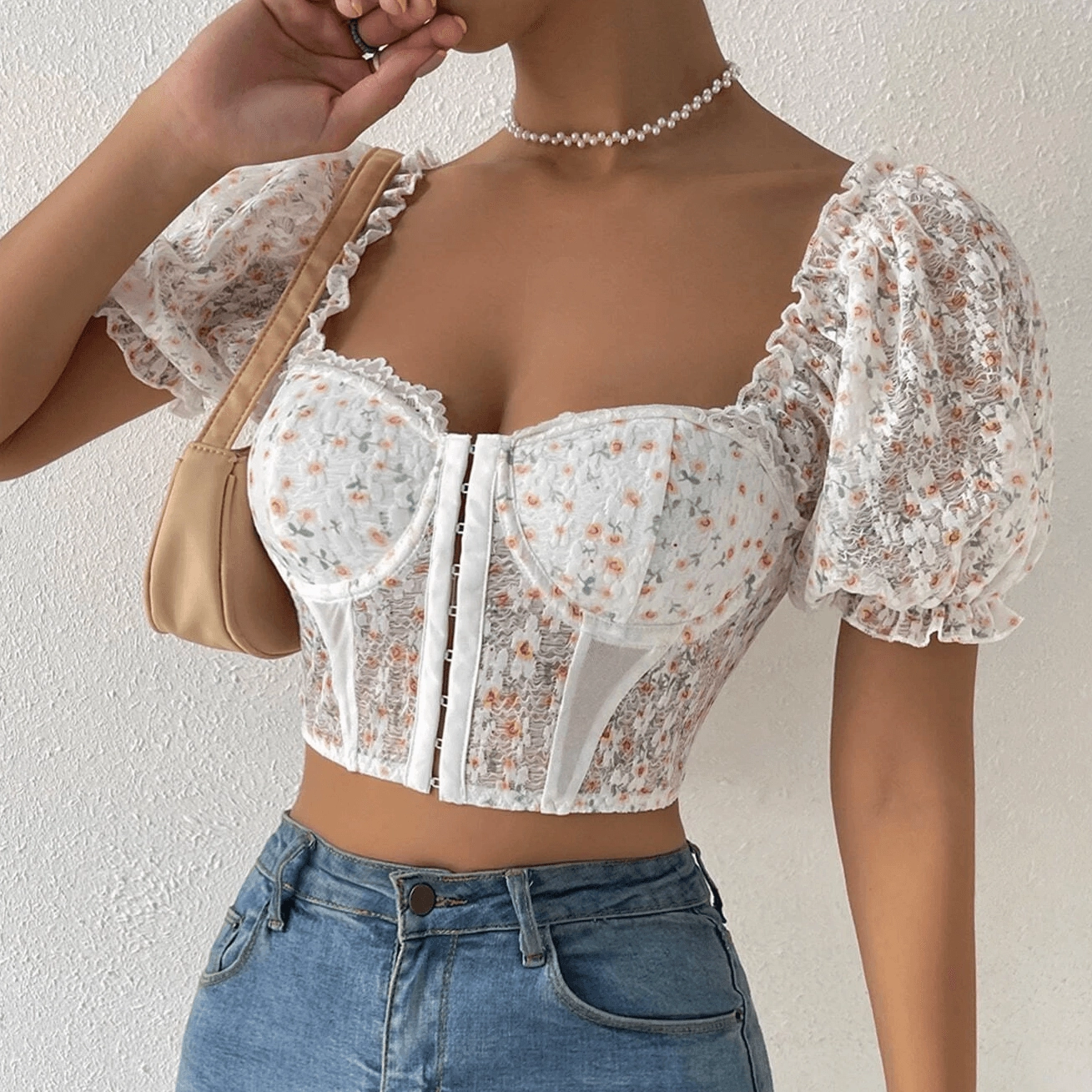 KittenAlarm - Cassie Sweetheart Floral Hook And Eye Crop Top