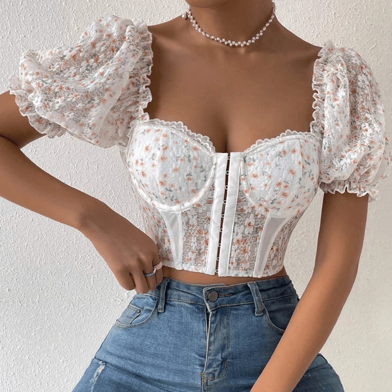 KittenAlarm - Cassie Sweetheart Floral Hook And Eye Crop Top