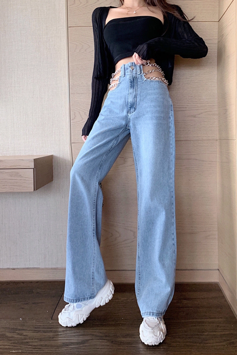 KittenAlarm - Chain Waist Casual Long Jeans Pants