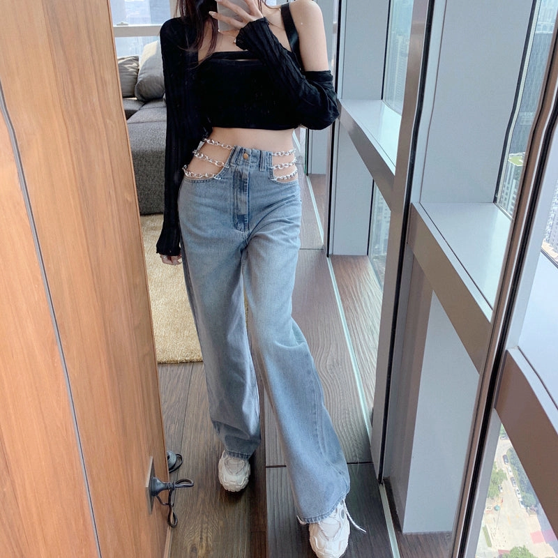 KittenAlarm - Chain Waist Casual Long Jeans Pants
