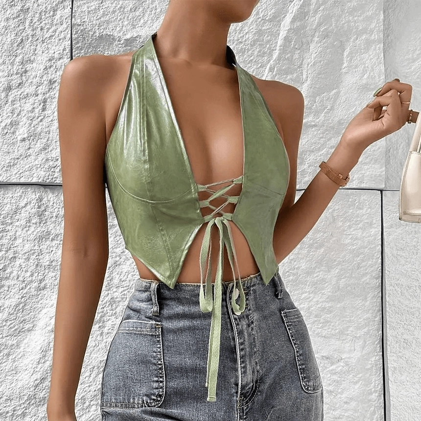 KittenAlarm - Clementine Plain Lace-Up Cropped Halter Top