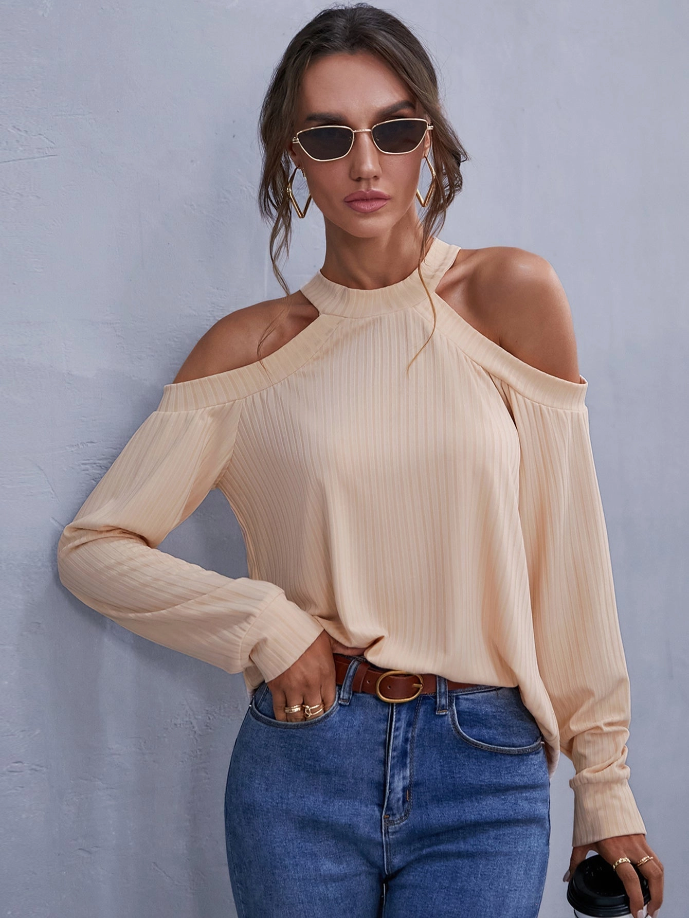 KittenAlarm - Cold Shoulder Rib-Knit Top
