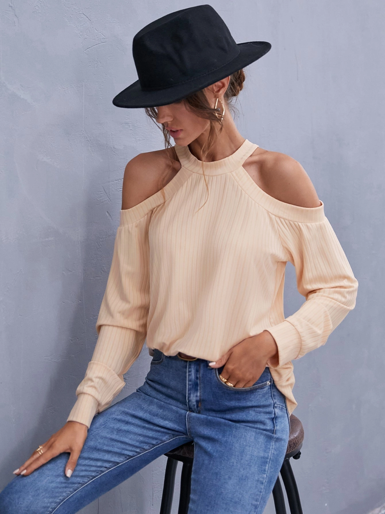 KittenAlarm - Cold Shoulder Rib-Knit Top