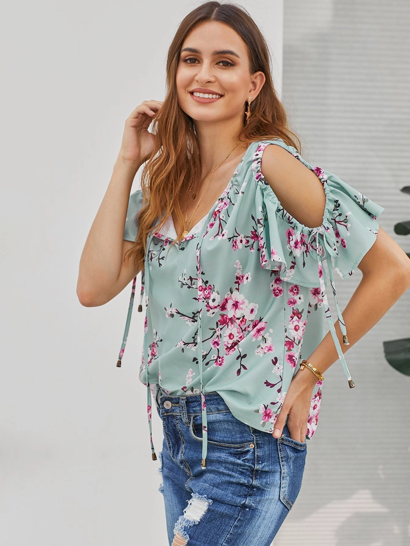 KittenAlarm - Color Block Shirt Floral Print Top