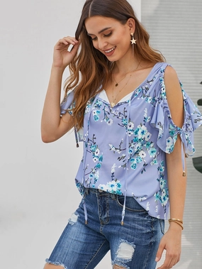 KittenAlarm - Color Block Shirt Floral Print Top