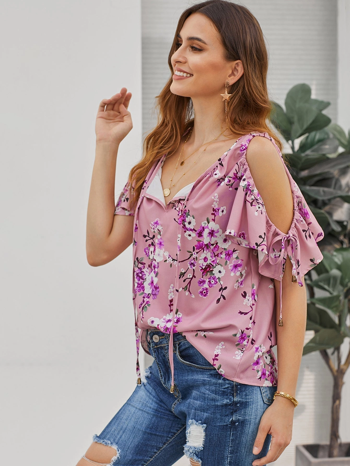 KittenAlarm - Color Block Shirt Floral Print Top