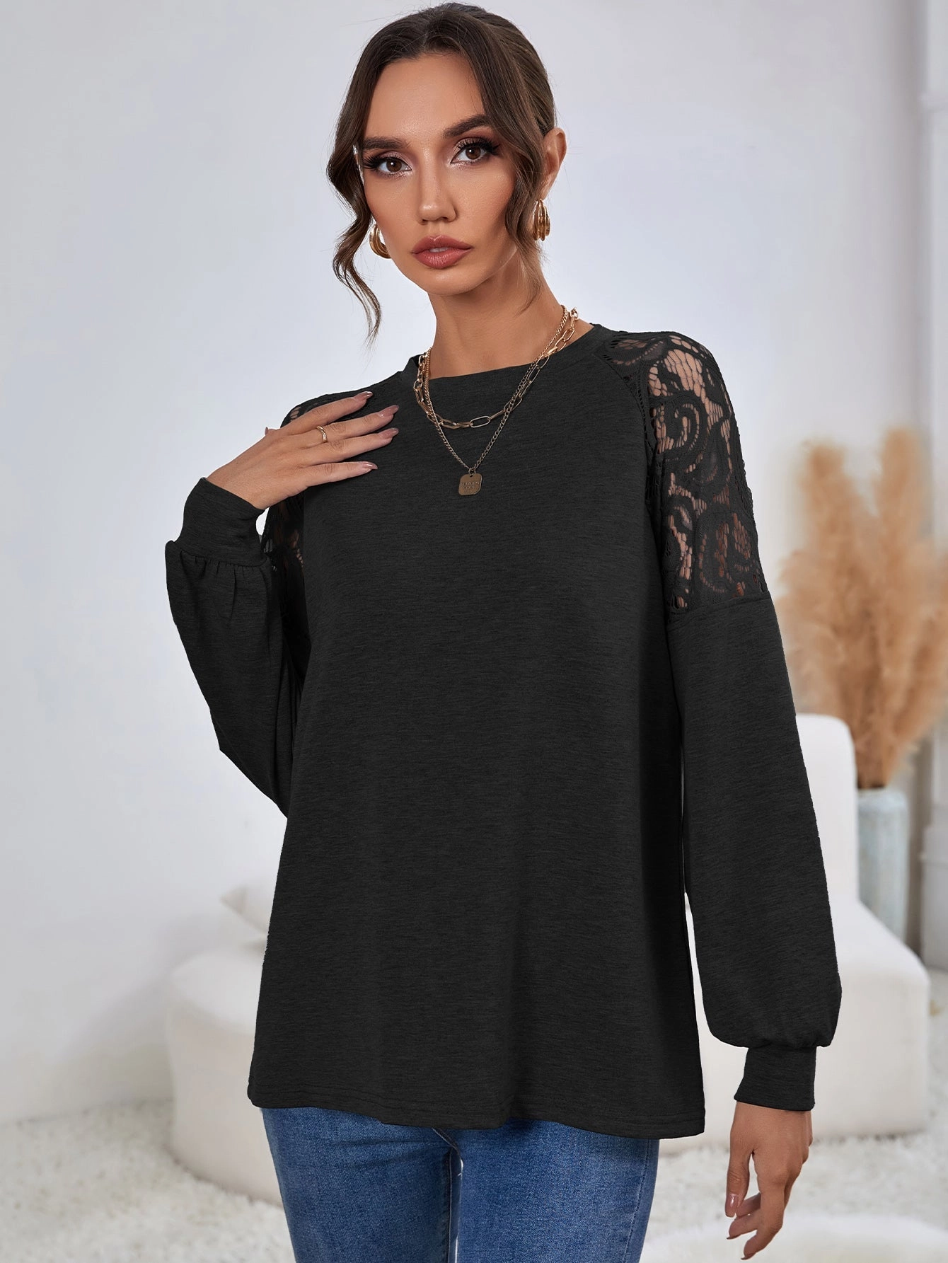 KittenAlarm - Contrast Lace Leg-of-mutton Sleeve Top