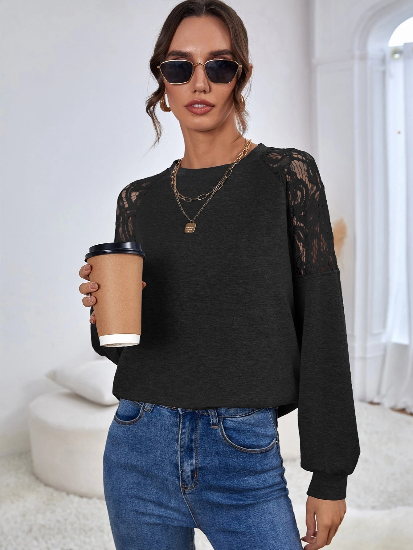 KittenAlarm - Contrast Lace Leg-of-mutton Sleeve Top