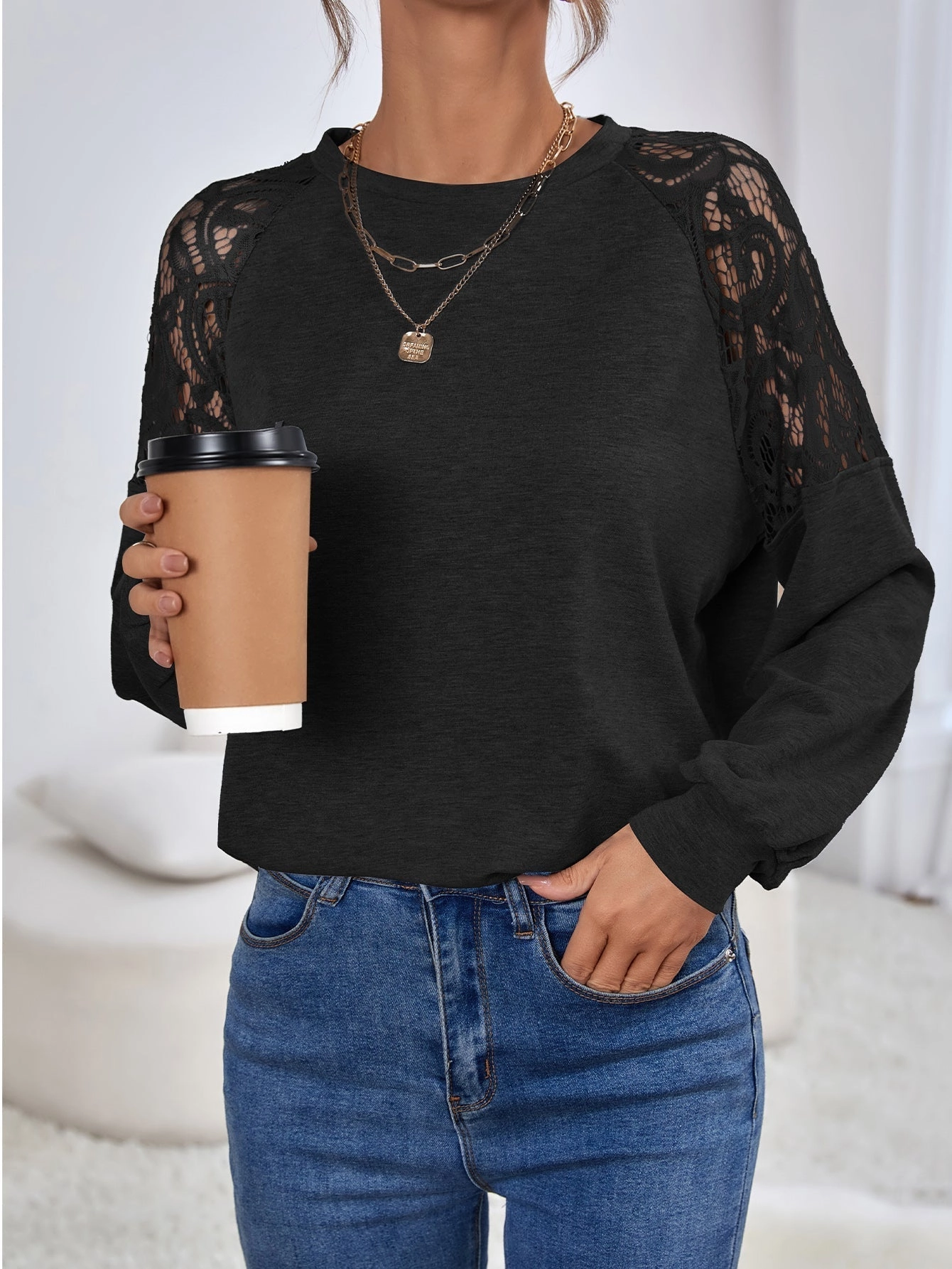 KittenAlarm - Contrast Lace Leg-of-mutton Sleeve Top
