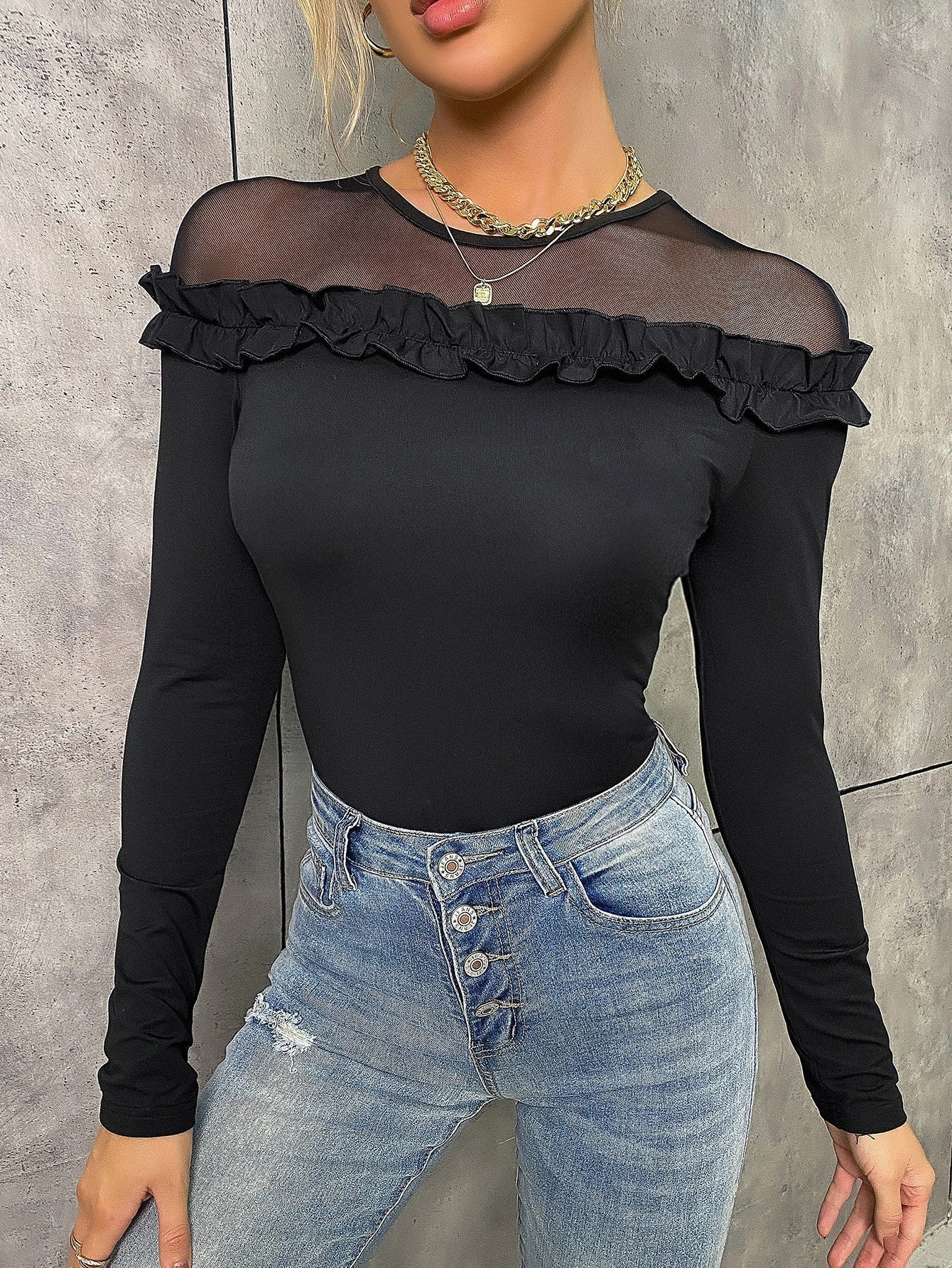 KittenAlarm - Contrast Mesh Ruffle Trim Tee