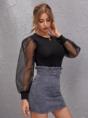 KittenAlarm - Contrast Sheer Mesh Bishop Sleeve Top