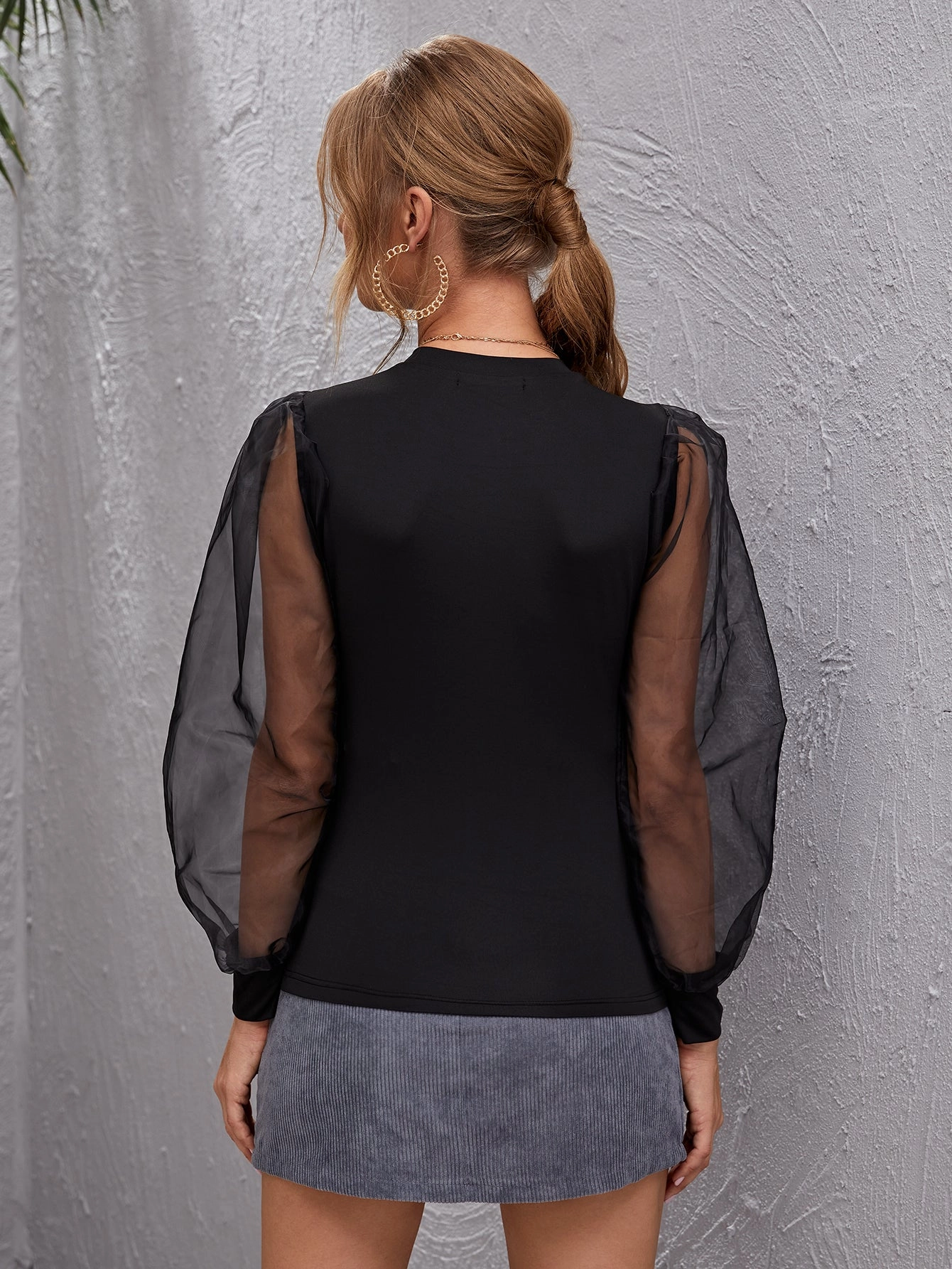 KittenAlarm - Contrast Sheer Mesh Bishop Sleeve Top